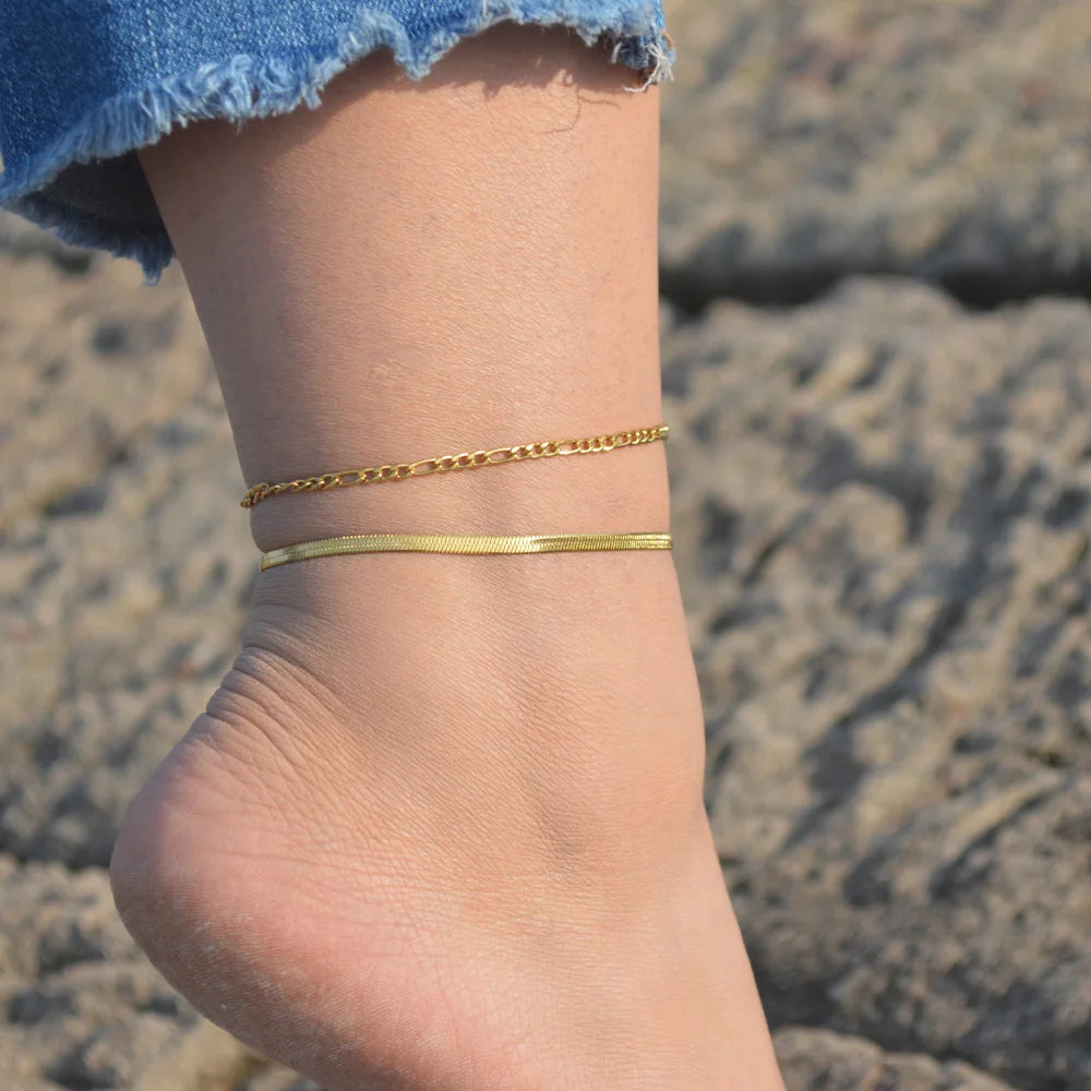 2024 Summer New Gold Color Anklets For Women Stainless Steel Firga Chain Feet Jewelry Layered Link Chain Accessory