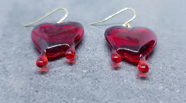 Red Heart Earrings, Hypoallergenic Ear Wires, Gothic Jewellery, Halloween Earrings, Dripping Heart
