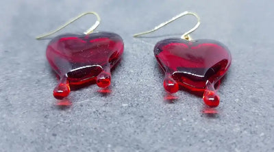 Red Heart Earrings, Hypoallergenic Ear Wires, Gothic Jewellery, Halloween Earrings, Dripping Heart