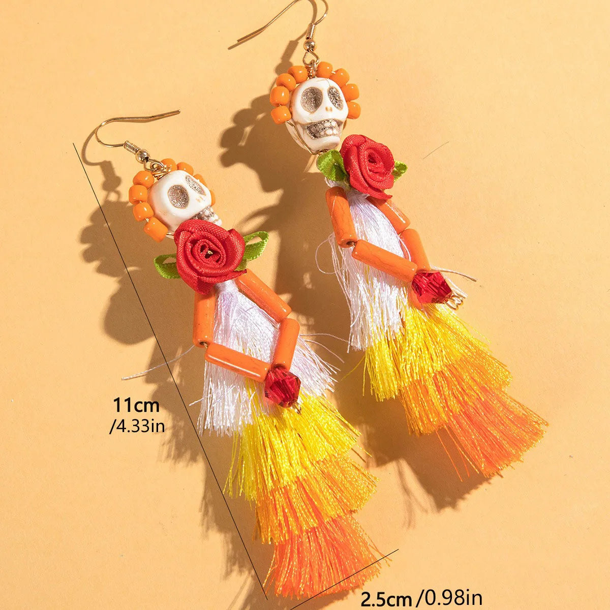 Funny Ethnic Flower Skull Drop Earrings for Women Creative Gothic Punk Long Tassel Earring Halloween Party Festival Jewelry Gift