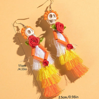 Funny Ethnic Flower Skull Drop Earrings for Women Creative Gothic Punk Long Tassel Earring Halloween Party Festival Jewelry Gift