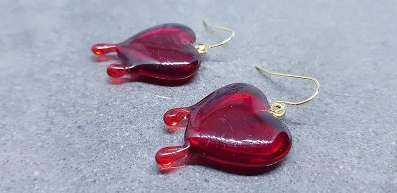 Red Heart Earrings, Hypoallergenic Ear Wires, Gothic Jewellery, Halloween Earrings, Dripping Heart