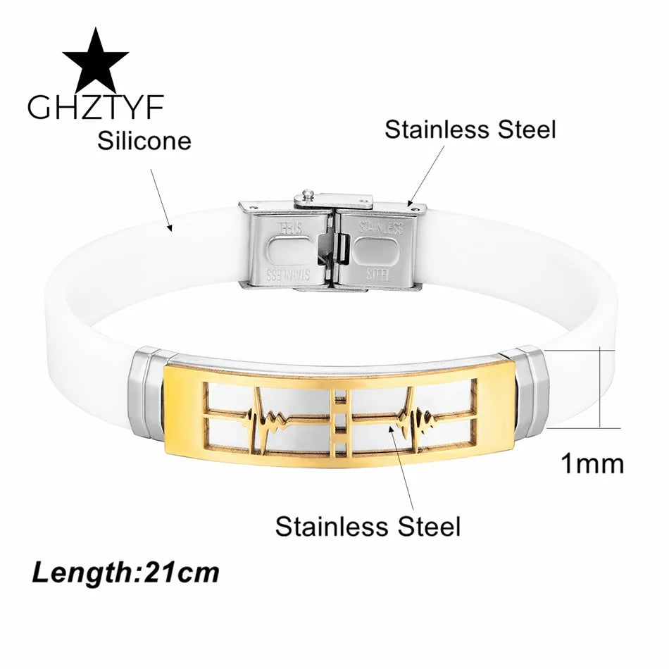 Couple Gifts Women Men Love Bracelets White Black Rubber Belt Stainless Steel Heartbeat Jewelry Accessories Girlfriend Boyfriend