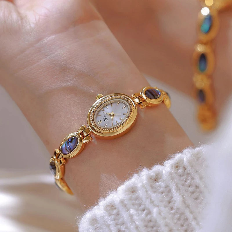 Watches For Woman Elegant Vintage Black Gold Shell Bracelet Ladies Small Dial Oval Quartz Dress Watch