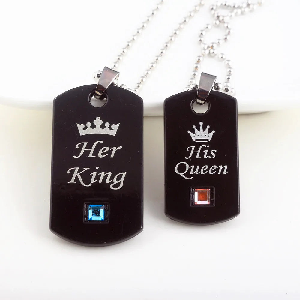 Her King & His Queen Couple Necklaces Lovers Pendant Fashion Crystal Jewelry for Women and Men Gifts
