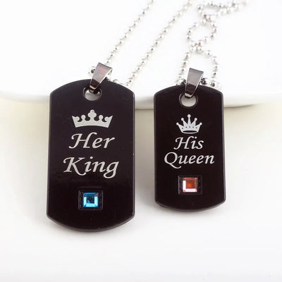 Her King & His Queen Couple Necklaces Lovers Pendant Fashion Crystal Jewelry for Women and Men Gifts