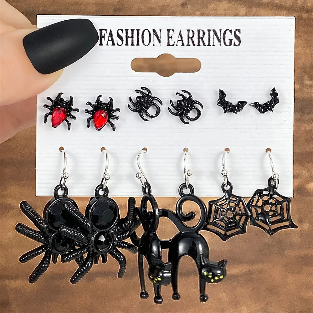 IFMIA Punk Fashion Black Spider Earrings Set for Women Girls Men Hip Hop Halloween Festival Skull Earring Christmas Jewelry Gift