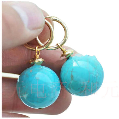 12MM Natural Blue Turquoise Round Gemstone Beads Gold Earrings Halloween Classic Diy Lucky Hook Cultured VALENTINE'S DAY Women