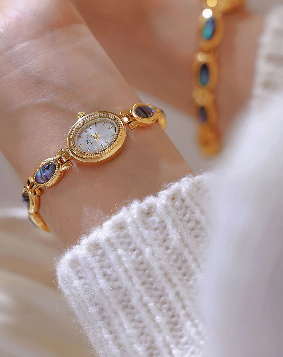 Watches For Woman Elegant Vintage Black Gold Shell Bracelet Ladies Small Dial Oval Quartz Dress Watch