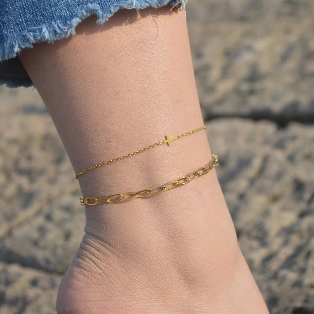 2024 Summer New Gold Color Anklets For Women Stainless Steel Firga Chain Feet Jewelry Layered Link Chain Accessory