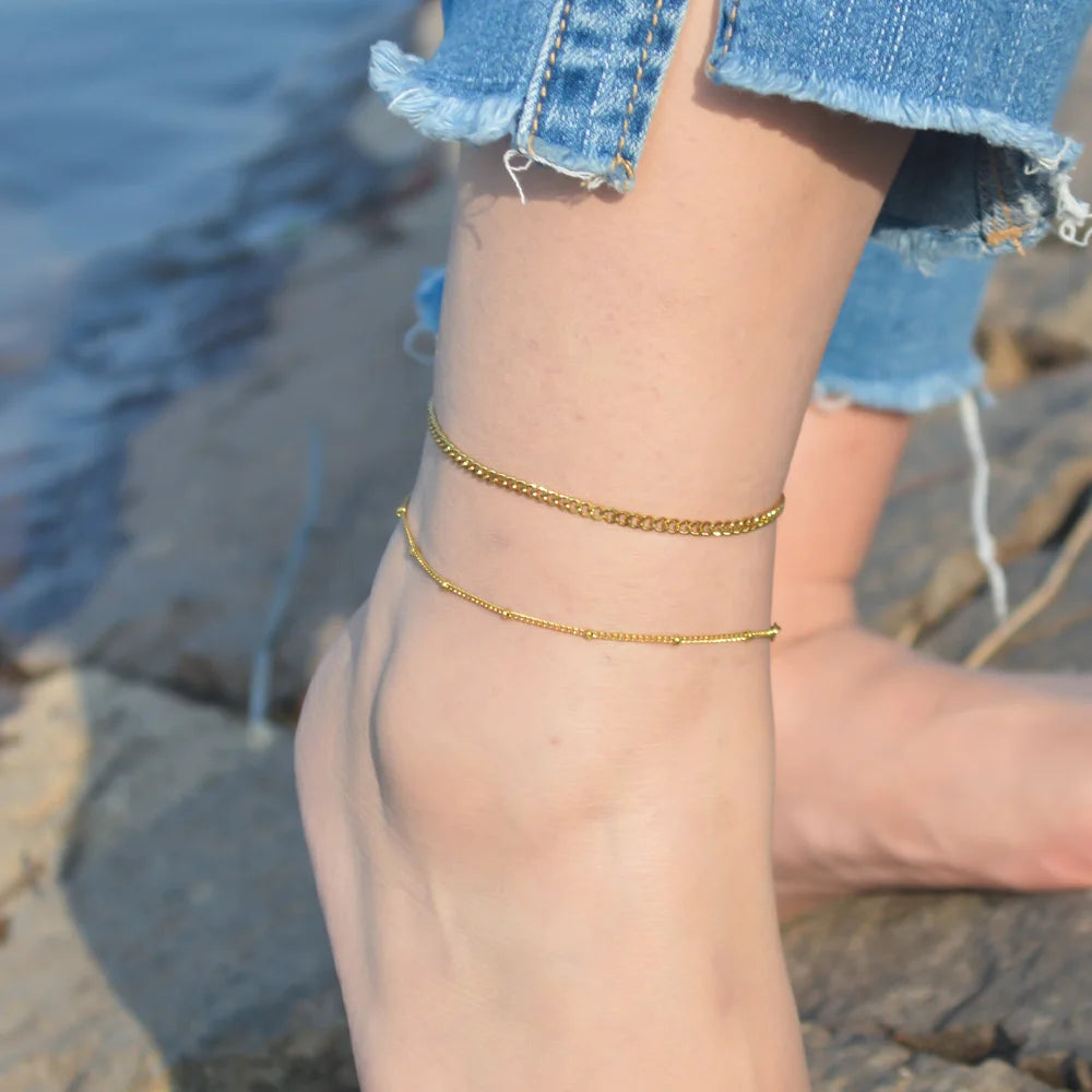 2024 Summer New Gold Color Anklets For Women Stainless Steel Firga Chain Feet Jewelry Layered Link Chain Accessory