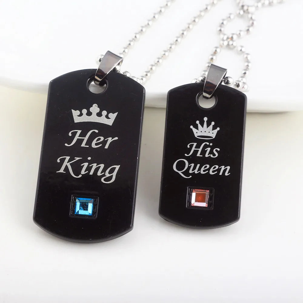 Her King & His Queen Couple Necklaces Lovers Pendant Fashion Crystal Jewelry for Women and Men Gifts