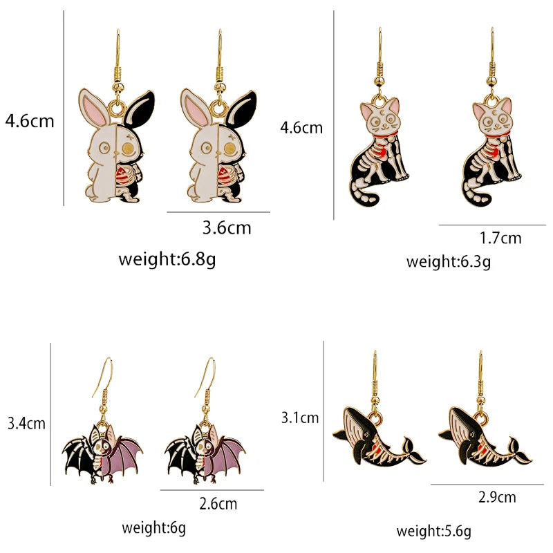 Punk Gothic Half-Face Skull Bat Cat Whale Rabbit Dangle Earrings for Women Girls Fashion Funny Halloween Jewelry Wholesale Gift