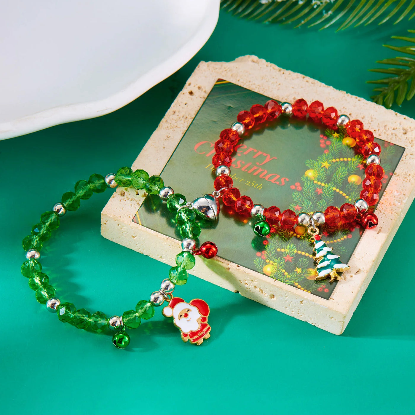 Simple Christmas Couples Bracelets for Women Men Sweet Red Green Crystal Beads Matching Bracelets Romantic Friendship Jewelry