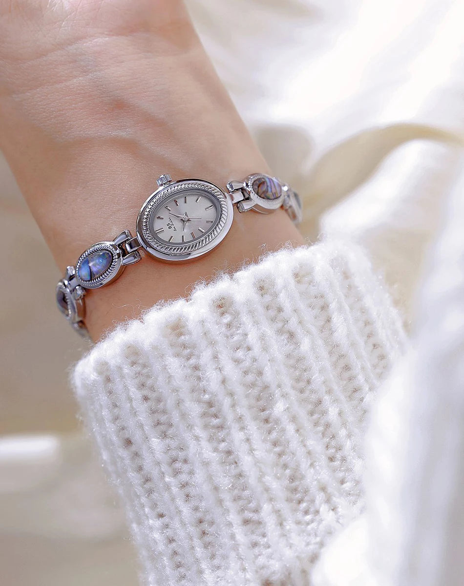 Watches For Woman Elegant Vintage Black Gold Shell Bracelet Ladies Small Dial Oval Quartz Dress Watch