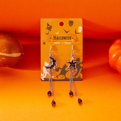 Classic Gothic Black Moon Star Tassel Crystal Earrings For Women Vintage Vampire Bat Water Drop Earring Halloween Charm Jewelry