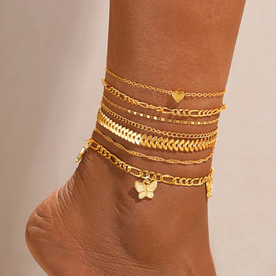 New European American Heart Butterfly Ankle Set for Women Bohemian Retro Beach Multi Bead Ankles Versatile Party Banquet Jewelry