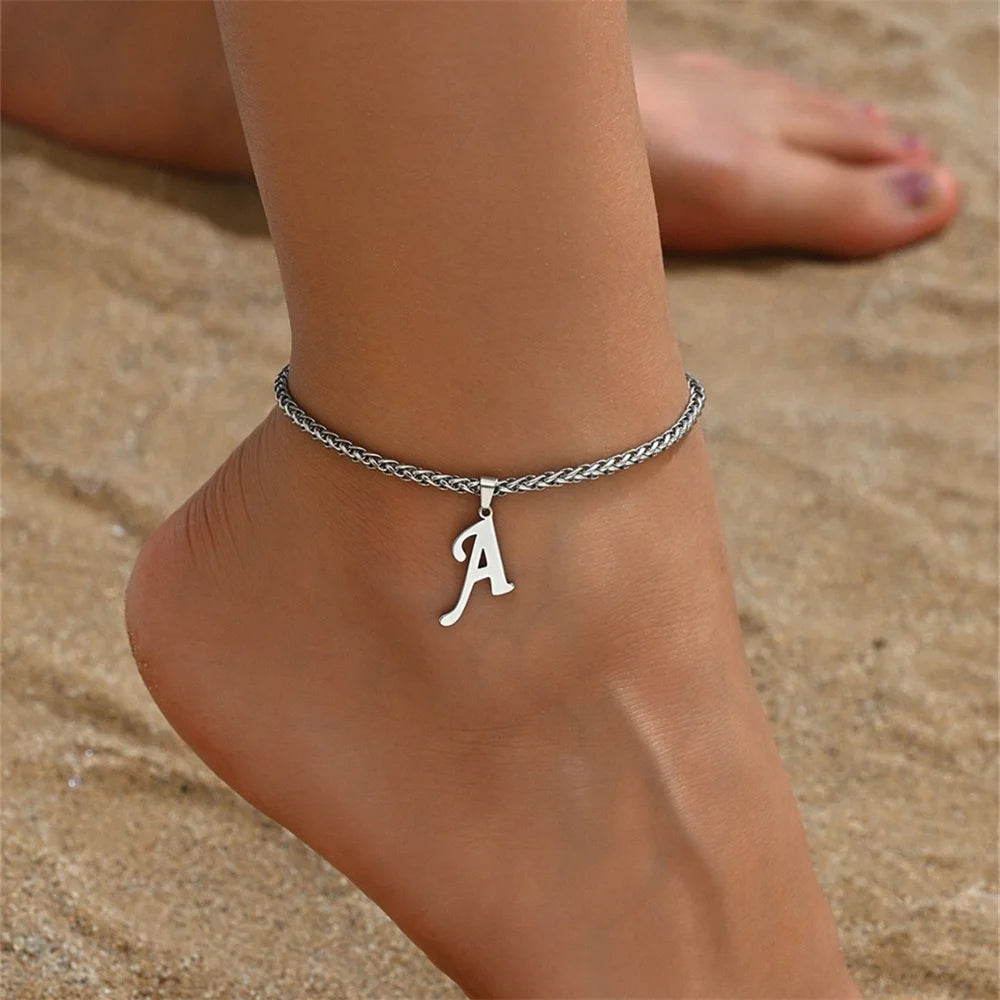 Simple 26 Letters A-Z Pendant Anklets For Women Stainless Steel Ankle Bracelet Chain Anklet Beach Jewelry Summer Accessories