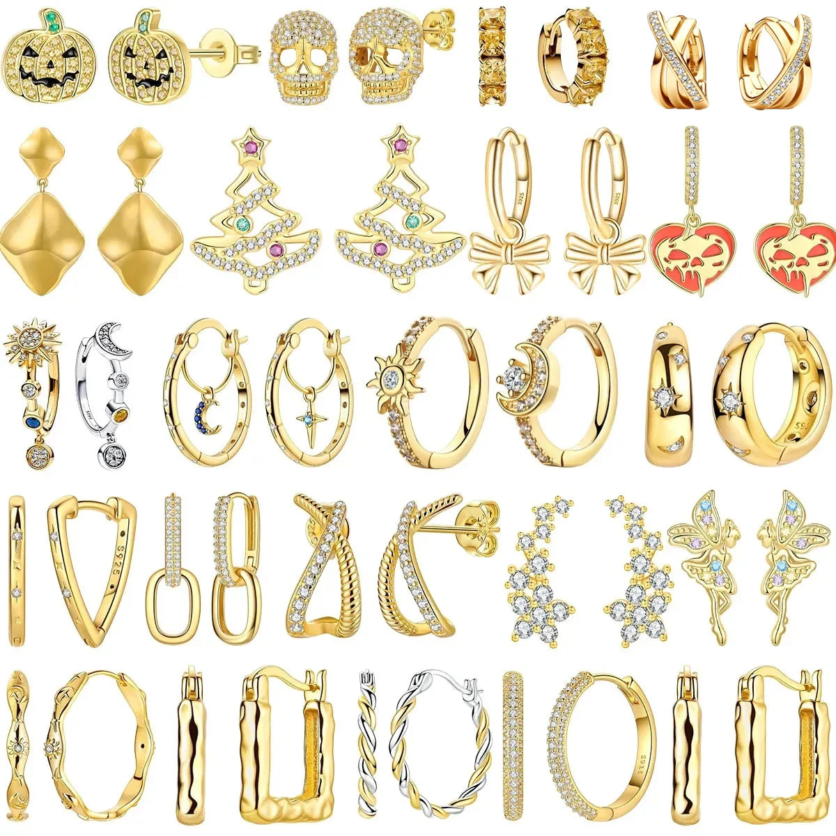 Sparkling 925 Sterling Silver Golden Hoop Earrings Pumpkin Skull Christmas Tree Ear Stud Halloween Earring For Women DIY Jewelry