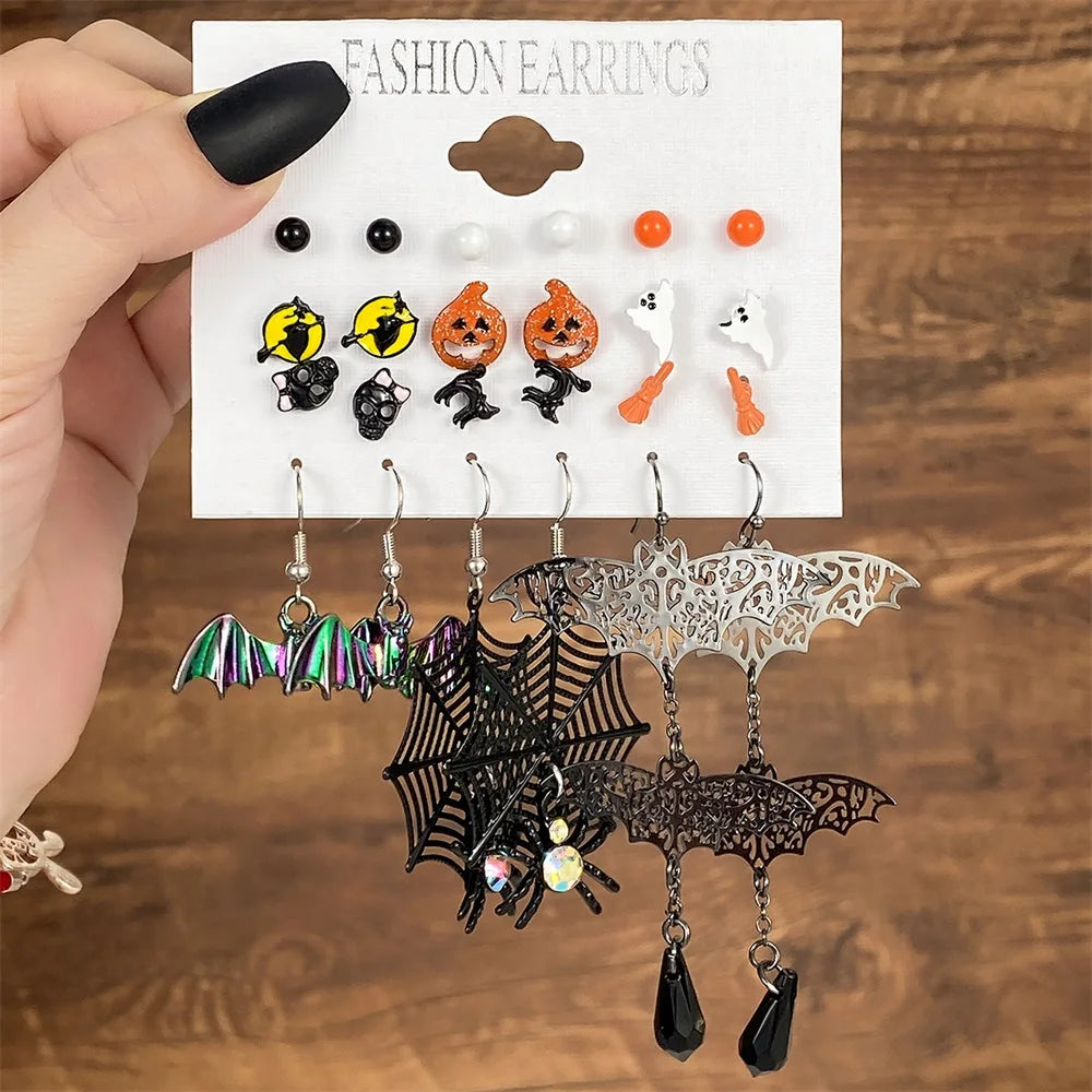 IFMIA Punk Fashion Black Spider Earrings Set for Women Girls Men Hip Hop Halloween Festival Skull Earring Christmas Jewelry Gift