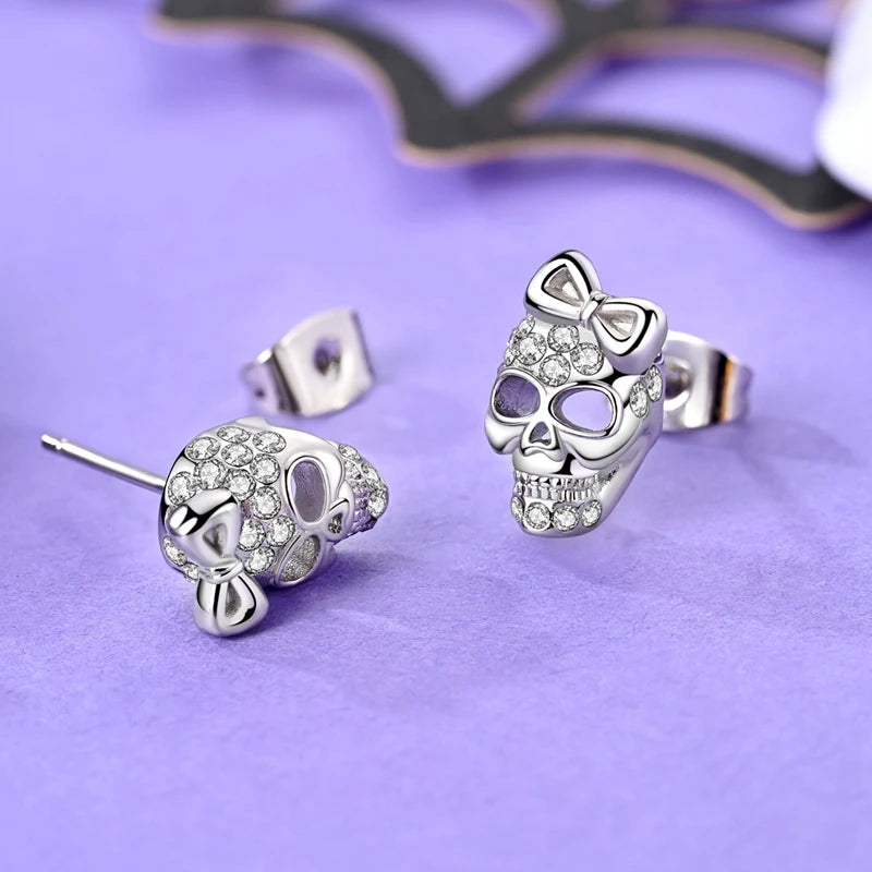 Amazing 925 Sterling Silver Black Spider & Shiny Bow Skull & Pumpkin Head Stud Earrings For Halloween Party Fine Jewelry Gift