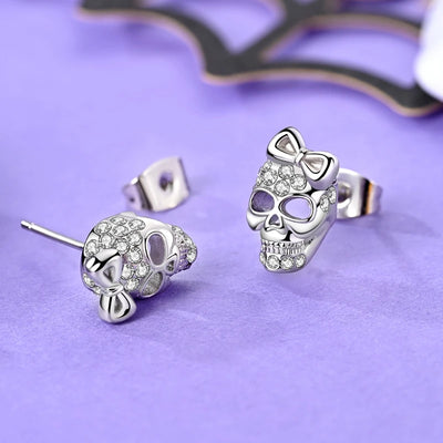 Amazing 925 Sterling Silver Black Spider & Shiny Bow Skull & Pumpkin Head Stud Earrings For Halloween Party Fine Jewelry Gift