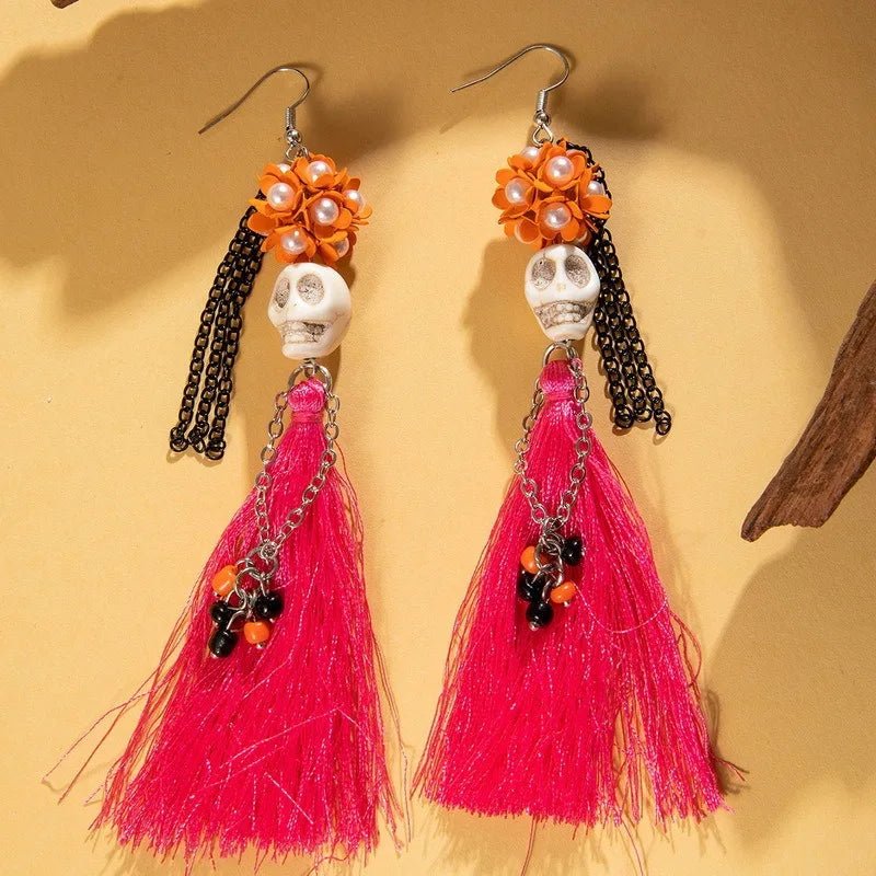 Funny Ethnic Flower Skull Drop Earrings for Women Creative Gothic Punk Long Tassel Earring Halloween Party Festival Jewelry Gift