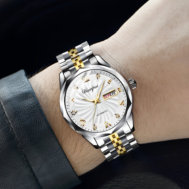 Dianpai Men's Automatic Mechanical Watch with Luminous Dial, Waterproof, Roman Numerals & Date/Day Display, Golden-Tone Steel Band, Accents - Fashionable Dress Watch for Everyday & Formal Wear, Bling Watch, Formal Timepiece B