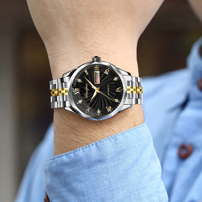 Dianpai Men's Automatic Mechanical Watch with Luminous Dial, Waterproof, Roman Numerals & Date/Day Display, Golden-Tone Steel Band, Accents - Fashionable Dress Watch for Everyday & Formal Wear, Bling Watch, Formal Timepiece B