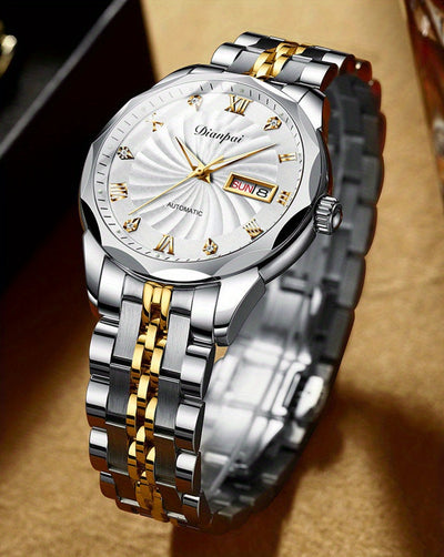 Dianpai Men's Automatic Mechanical Watch with Luminous Dial, Waterproof, Roman Numerals & Date/Day Display, Golden-Tone Steel Band, Accents - Fashionable Dress Watch for Everyday & Formal Wear, Bling Watch, Formal Timepiece B