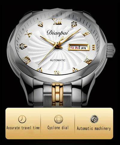 Dianpai Men's Automatic Mechanical Watch with Luminous Dial, Waterproof, Roman Numerals & Date/Day Display, Golden-Tone Steel Band, Accents - Fashionable Dress Watch for Everyday & Formal Wear, Bling Watch, Formal Timepiece B