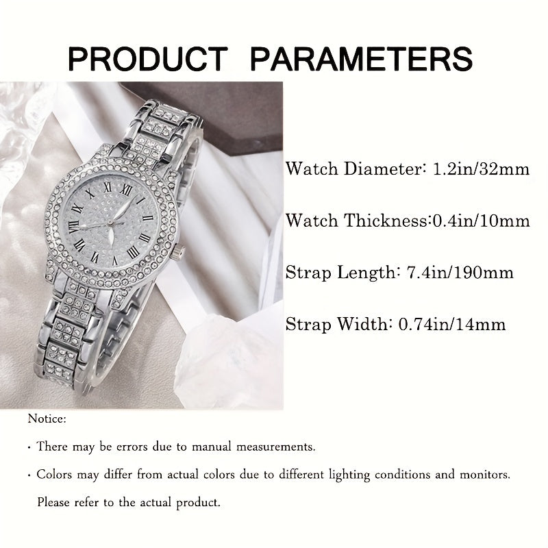 7pcs/set Women's Watch Luxury Rhinestone Quartz Watch Rome Fashion Analog Wrist Watch & Jewelry Set, Gift For Mom Her