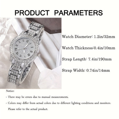 7pcs/set Women's Watch Luxury Rhinestone Quartz Watch Rome Fashion Analog Wrist Watch & Jewelry Set, Gift For Mom Her