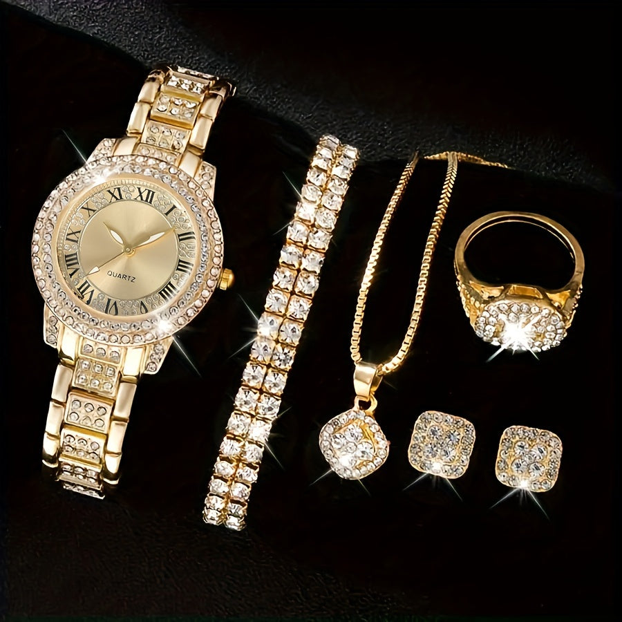 7pcs/set Women's Watch Luxury Rhinestone Quartz Watch Rome Fashion Analog Wrist Watch & Jewelry Set, Gift For Mom Her