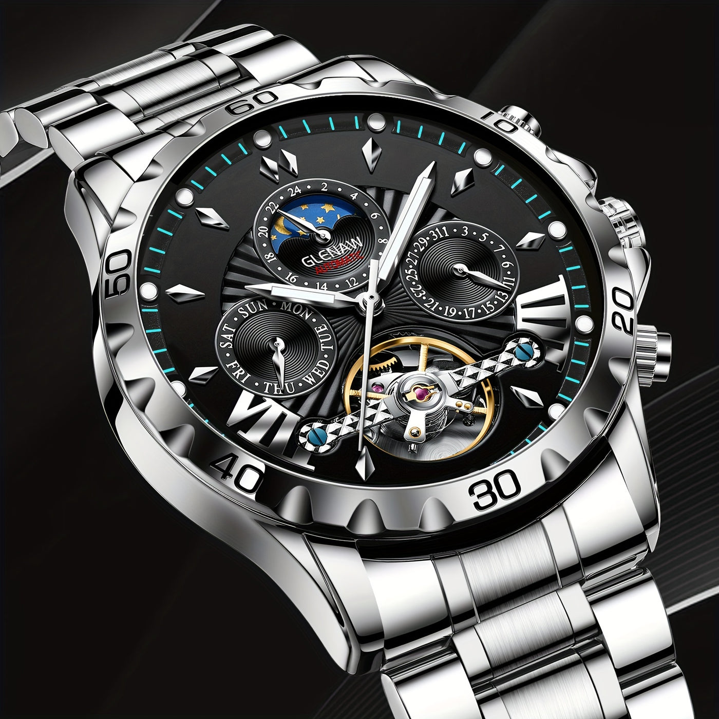Premium Mens Automatic Mechanical Watch - 24H Dial, Date & Day Display, Self-Winding - Stylish Timekeeping for Everyday Wear